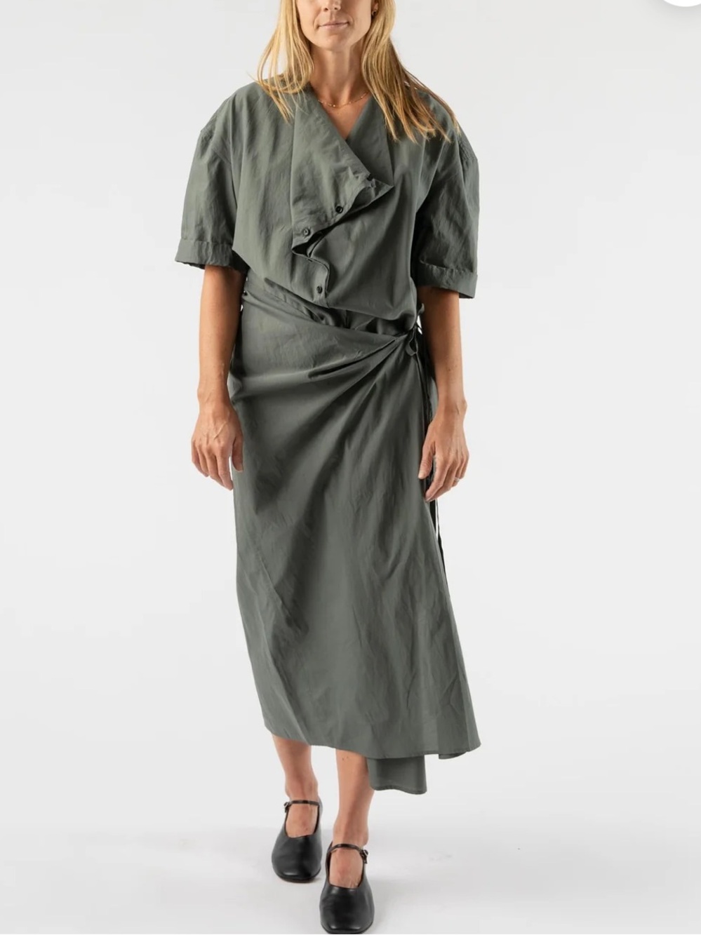LEMAIRE Short Sleeve Wrap Dress Sz 34 Asphalt Washed Cotton Silk NWT Tie Button